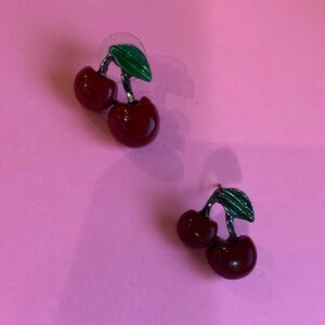 Cherry Earrings with Green Leaves